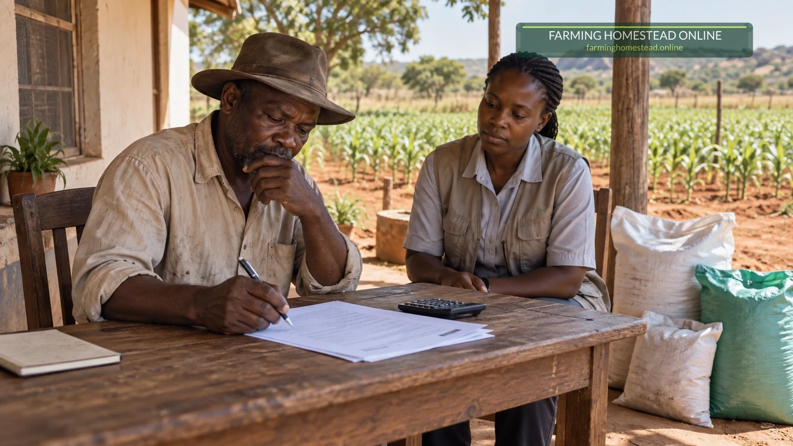 A smallholder farmer reviewing a contract and farm inputs before signing