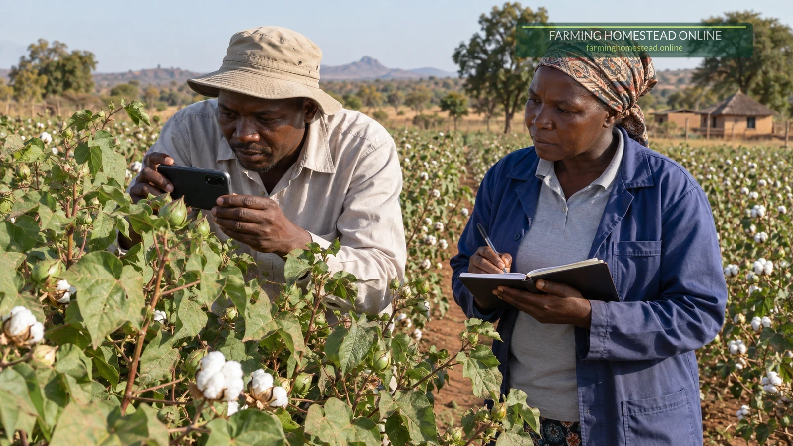 A farmer and field officer scouting a crop and recording evidence before treatment