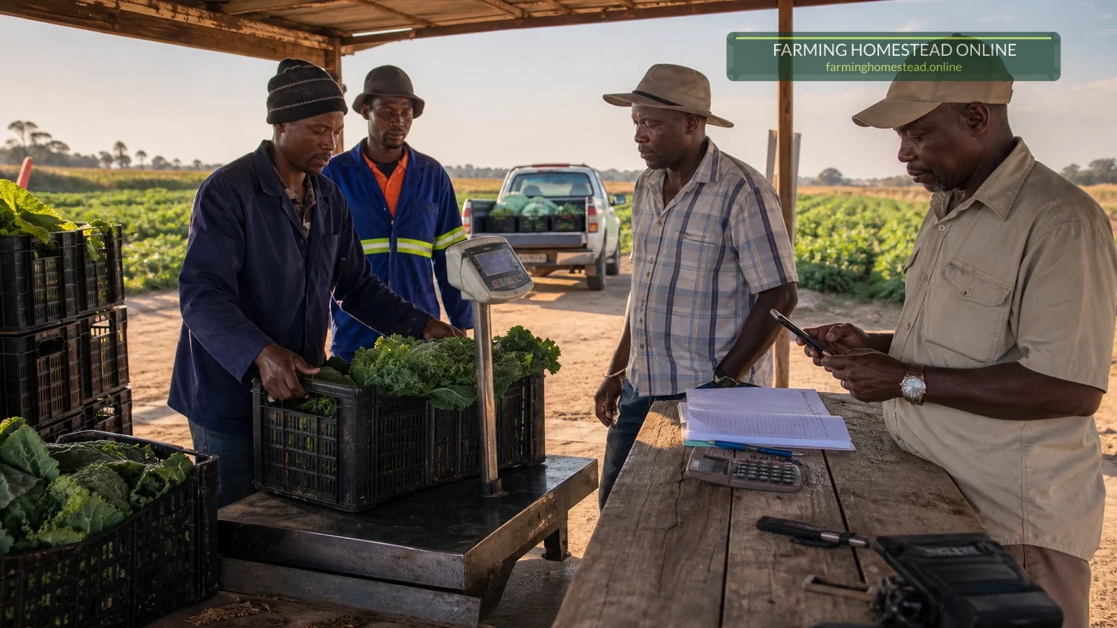 A Zimbabwean farm team reconciling a produce sale at the weighing scale