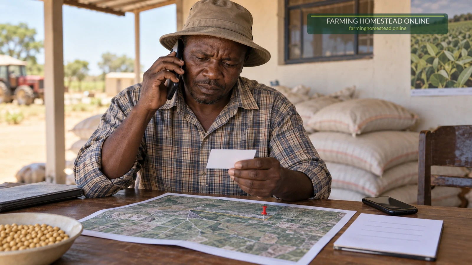 A farmer checking the post, Page history, phone number and company identity
