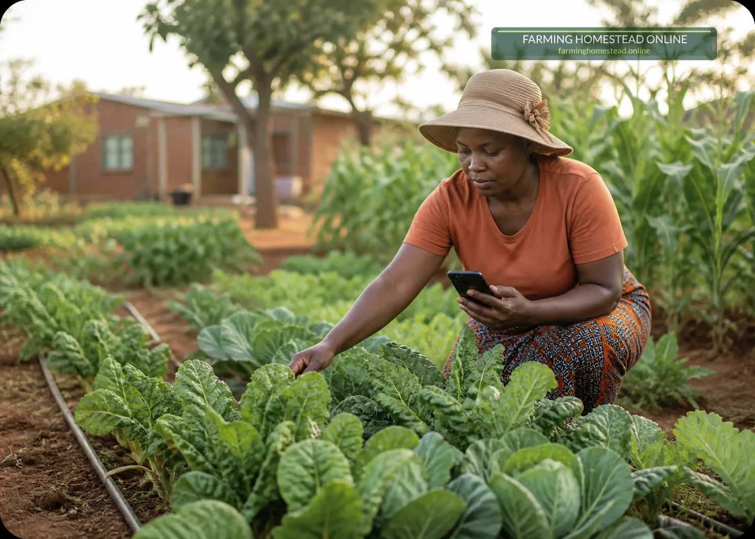 Farmer checking a homestead garden while using a phone