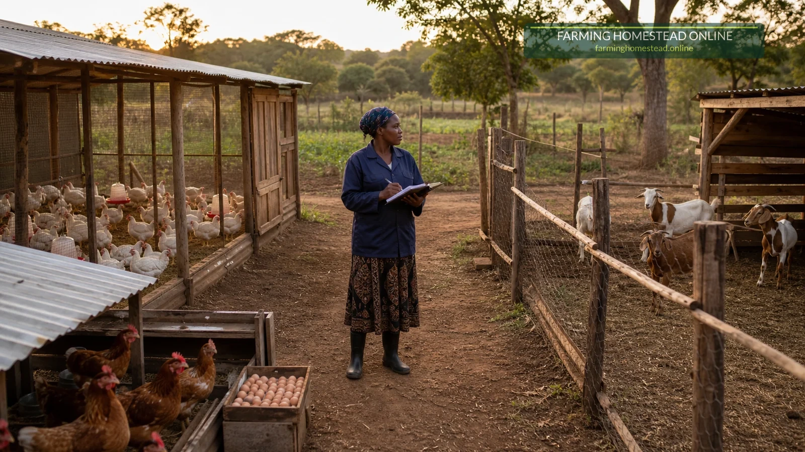 Zimbabwean farmer comparing separate broiler, layer and goat areas on a small farm
