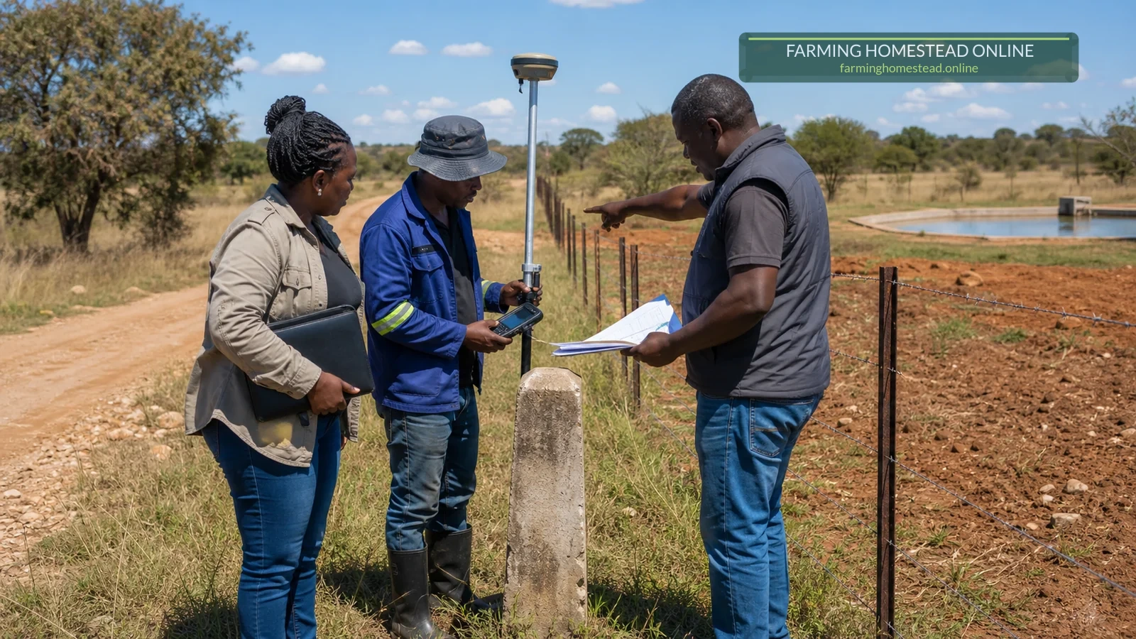 Farmer, surveyor and adviser checking a farm boundary and documents in Zimbabwe
