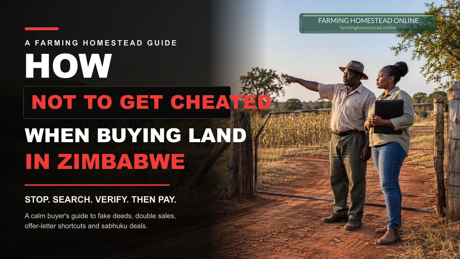 A Zimbabwean farm buyer and adviser checking rural land at a farm gate under the title How Not to Get Cheated When Buying Land in Zimbabwe