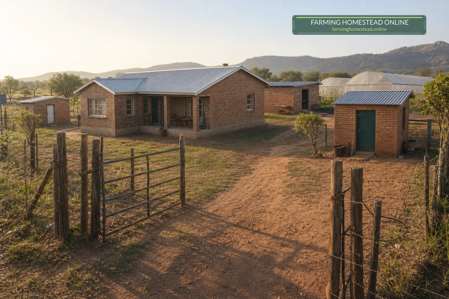 Modest farm-brick homestead, work kitchen and pole-and-wire entrance on a dry rural Manicaland farm.