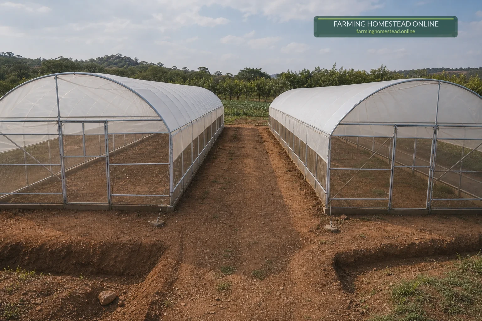 Two practical agricultural plastic tunnels with drainage swales, roll-up sides and a service lane.