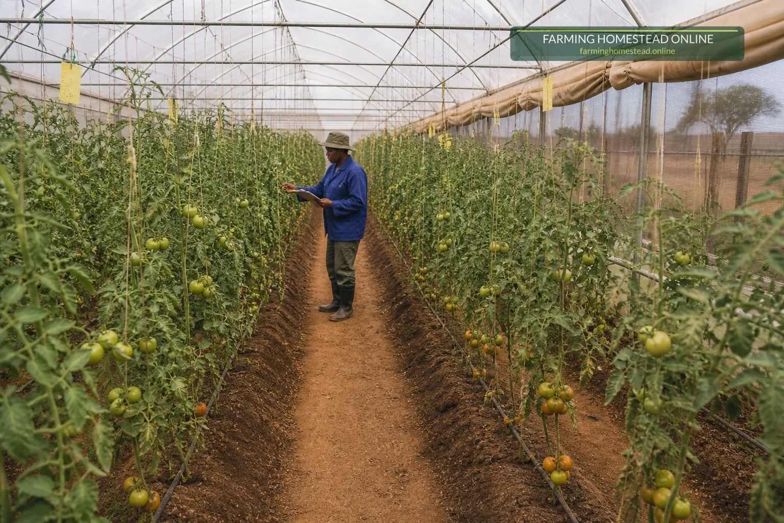 Farmer scouting indeterminate tomato rows with drip irrigation, string trellis and insect-netted sides.