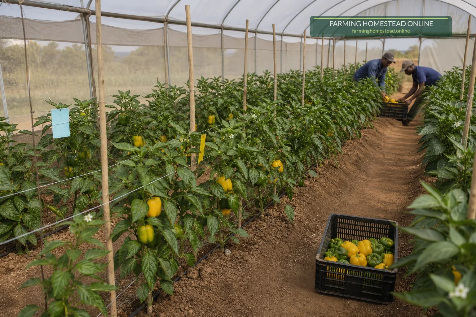 Green and yellow sweet pepper rows in a practical tunnel with support strings, clean paths and harvest crates.