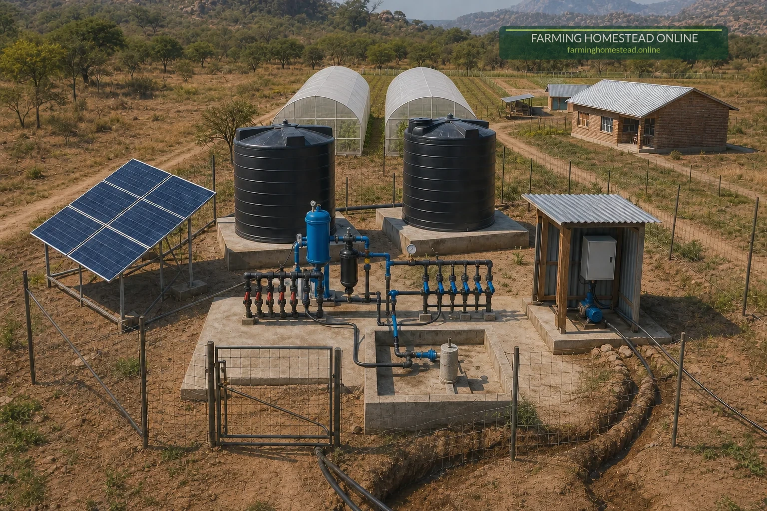 Fenced borehole, filters, solar pump and two black tanks immediately beside the same two greenhouses shown in the aerial.