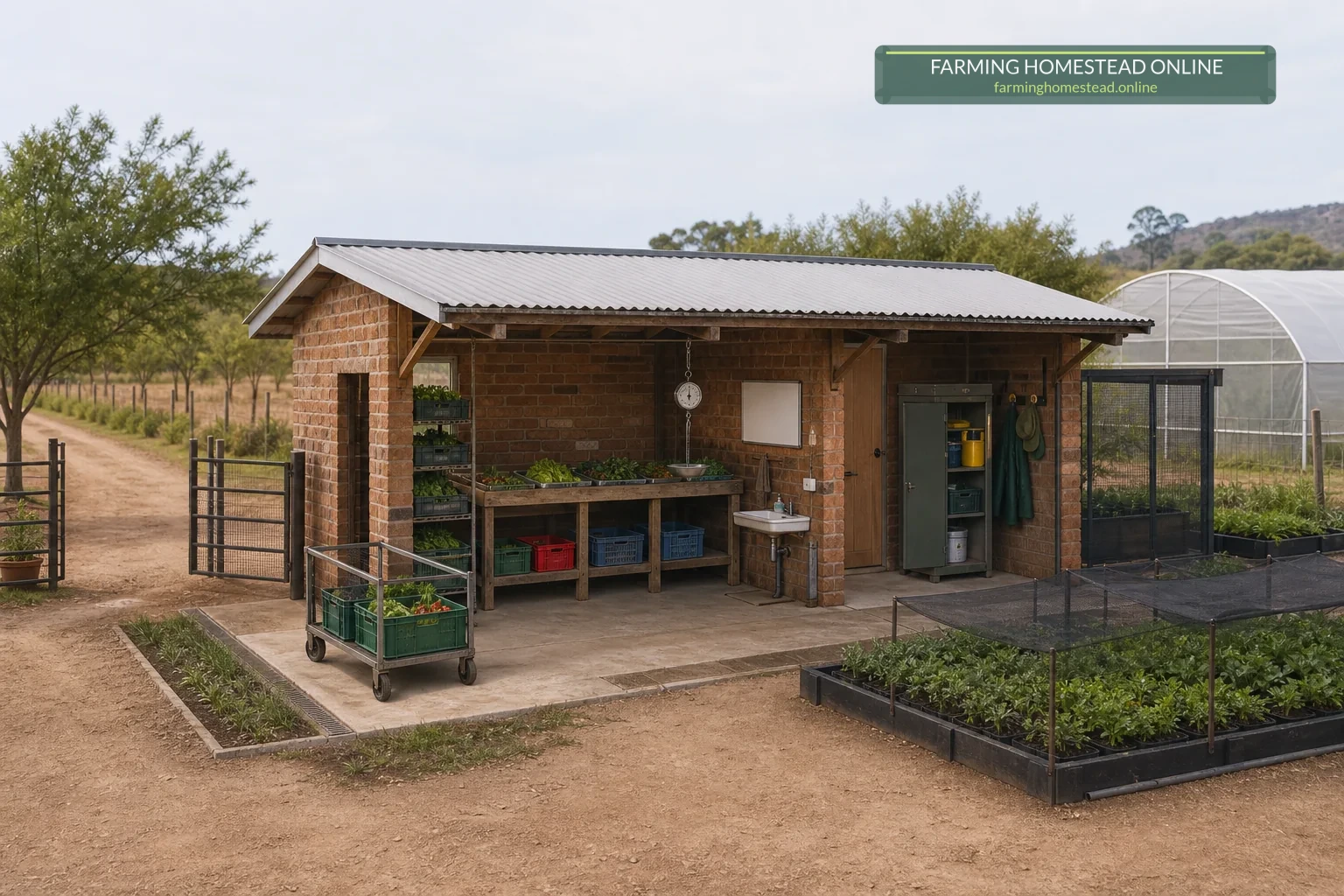 Open-sided shaded nursery and simple packhouse with handwashing, raised benches, crates and the tunnels nearby.