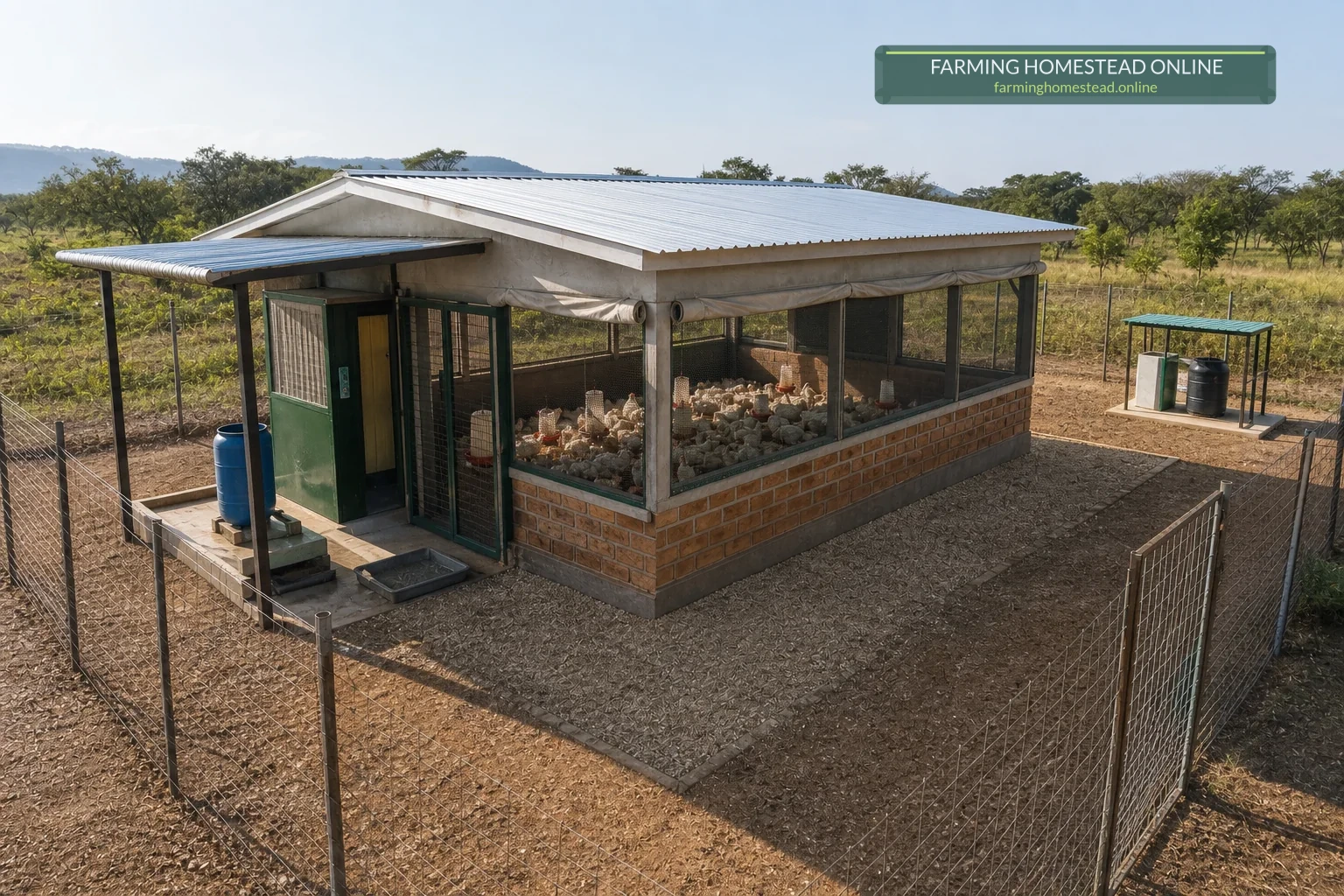 Modest ventilated broiler house with wire mesh, litter floor, feeders, drinkers and a controlled airlock.
