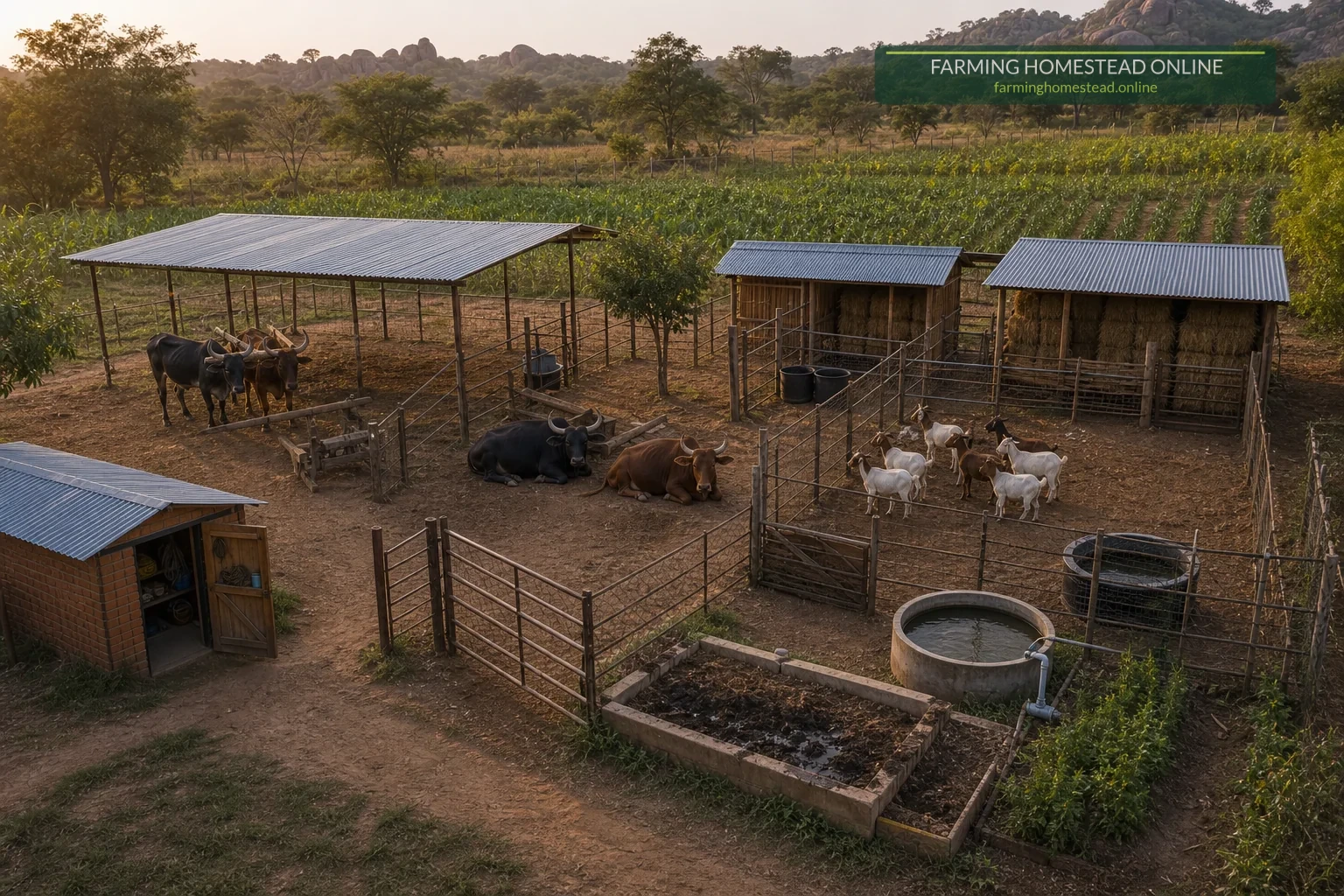 Night-holding yards, handling race, quarantine pen, goat shelter and ox shade on the eastern side of the farm.