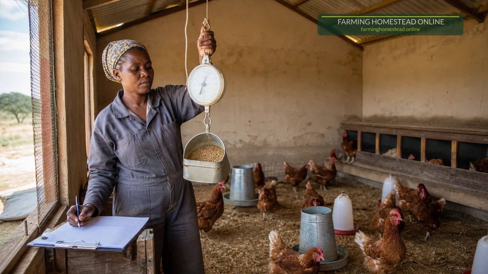 A Zimbabwean poultry farmer weighing feed and recording daily use