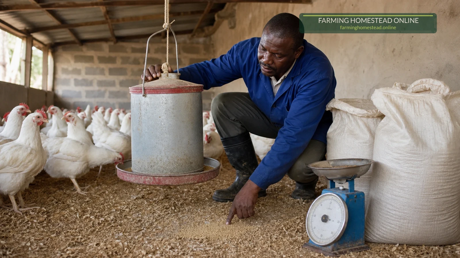 A Zimbabwean poultry farmer correcting feed waste around a chicken feeder