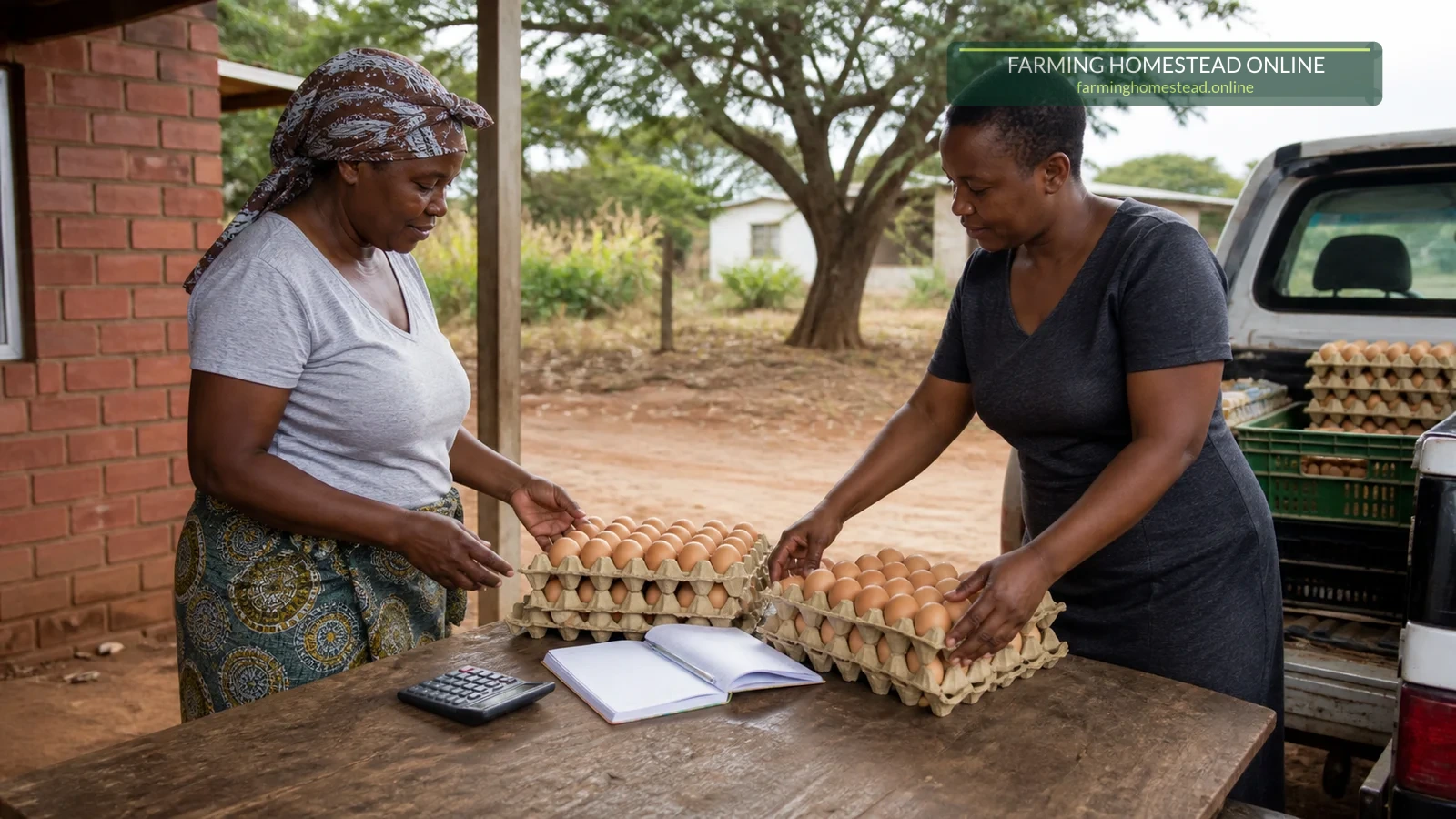 A Zimbabwean egg producer and buyer counting trays at the farm gate