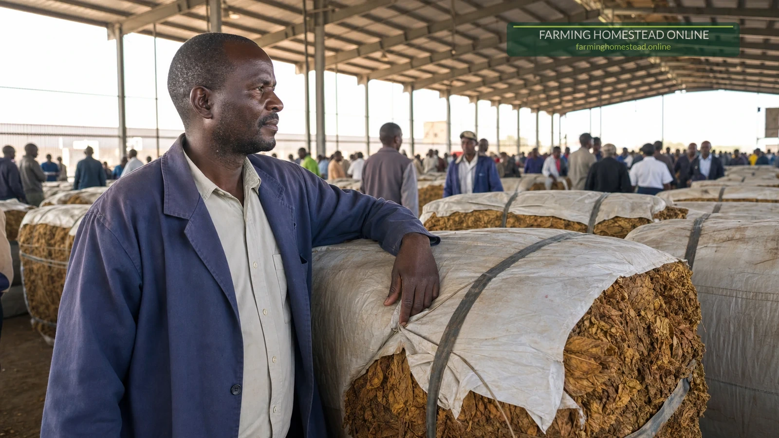 A small-scale Zimbabwean tobacco farmer standing beside bales at a busy sales floor