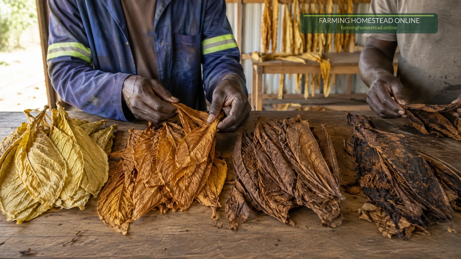 Hands carefully sorting and grading cured Zimbabwean tobacco leaves into clean, separate colour and body groups