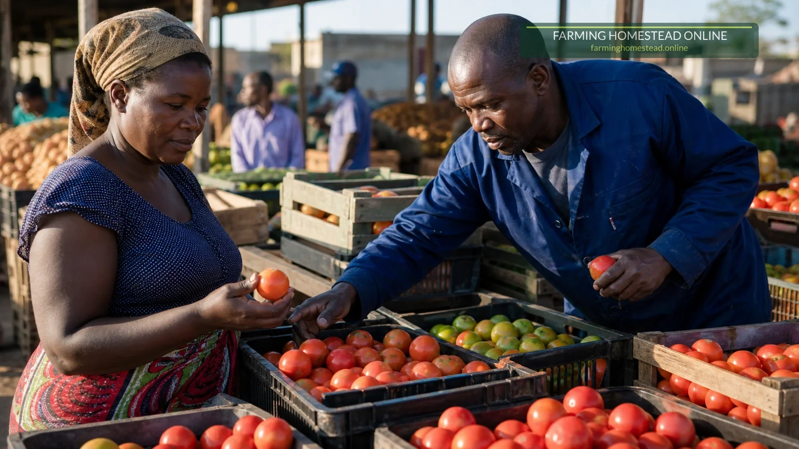 A Zimbabwean grower and trader comparing tomato grades at a wholesale market